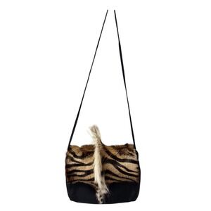 Vintage Ann Turk New Collections Shoulder Bag Black Leather Animal Fur Accent